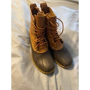 Women's 7M Bean Boots L.L.Bean Maine USA Rain Waterproof Duck Lace-Up Navy Tan
